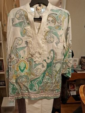 White Paisley Embroidered Tunic with Teal & Gold Accents